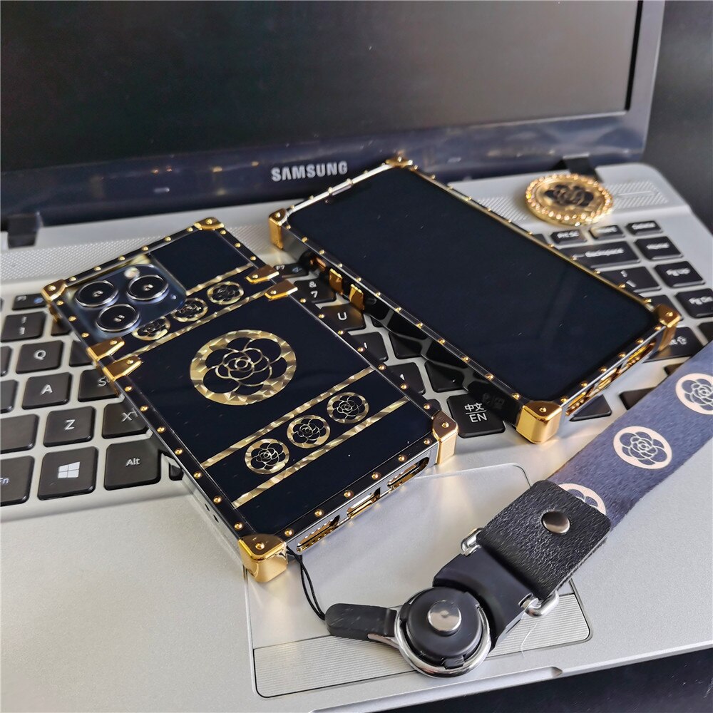 Luxury Brand Glitter Gold Rose Flower Case For IPhone 13 PRO MAX 11 12 14 PRO MAX 6 7 8 14 Plus XR X XS Bling Square Phone Cover