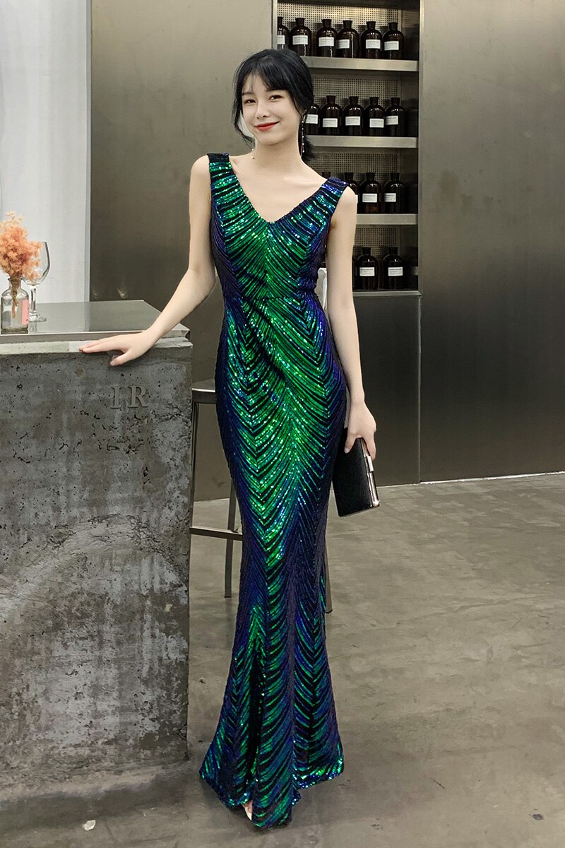 wei yin AE0240 Green Evening Dresses V-Neck Mermaid Sequined Formal Dresses Women Elegant Party Gowns 2022 Robe De Soiree