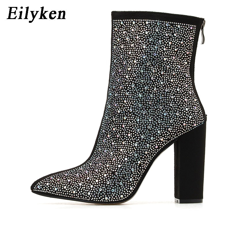 Eilyken 2022 Fashion Sexy Banquet Women&#39;s Boots Thick with Square Head Shiny Rhinestones Thin Nightclub High Heel Boots