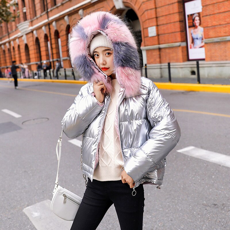 2021 New Winter Jacket Women&#39;s Parka Fur Collar Hooded Down Cotton Jacket Female Glossy Casual Cotton Padded Parkas Outerwear