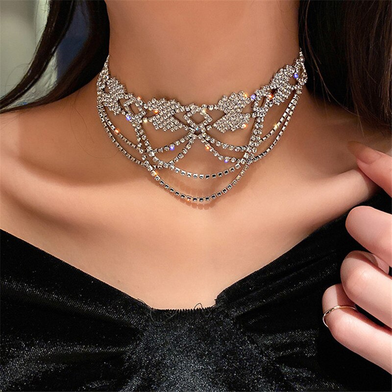 FYUAN Hollow Geometric Crystal Choker Necklaces for Women Long Tassel Rhinestone Necklaces Weddings Jewelry