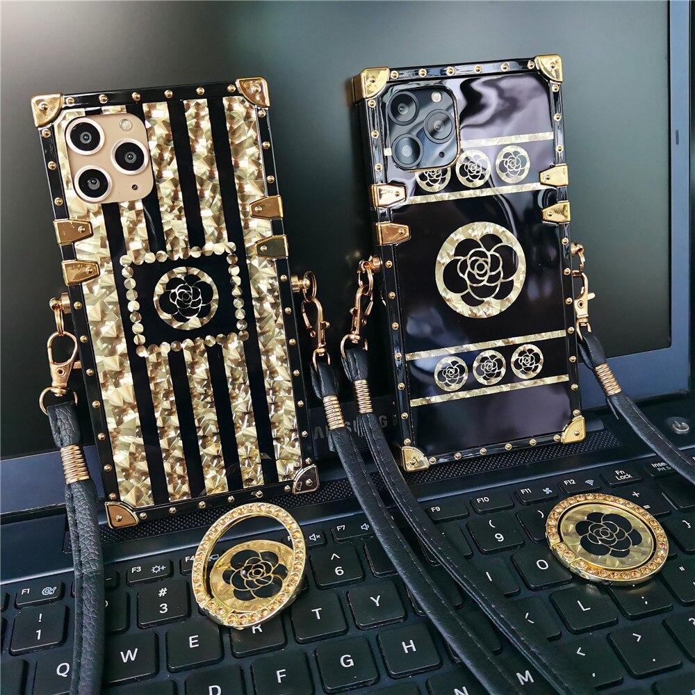 Luxury Glitter flower Case for iPhone 13 Pro Max Lanyard Belt Square Cover for iPhone 11 12 PRO 14 PRO MAX 7 8 14 Plus X XS XR