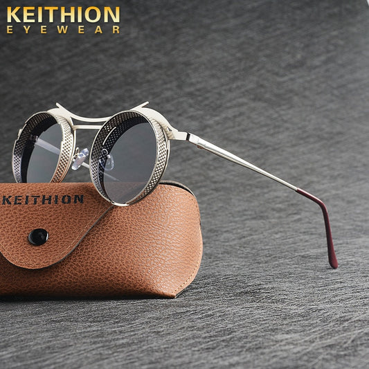 KEITHION Design Steampunk Style Round Vintage Sunglasses Retro Eyewear UV400 Protection Matel Frame