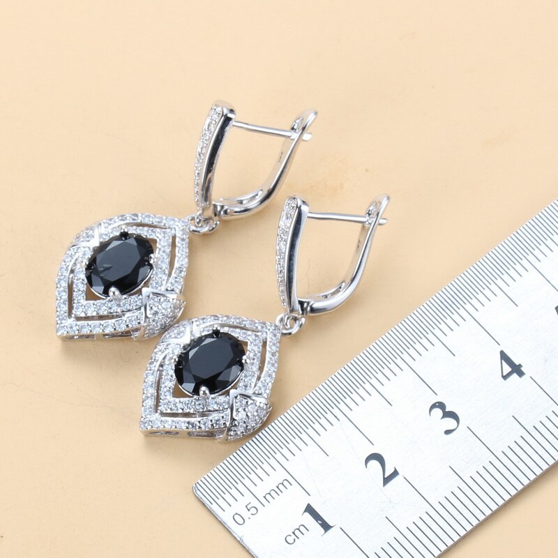 2022 New Trendy Jewelry Sets For Women 925 Mark Black Cubic Zirconia Dangle Earrings And Ring Necklace Sets Female Costume