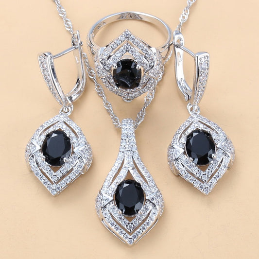 2022 New Trendy Jewelry Sets For Women 925 Mark Black Cubic Zirconia Dangle Earrings And Ring Necklace Sets Female Costume