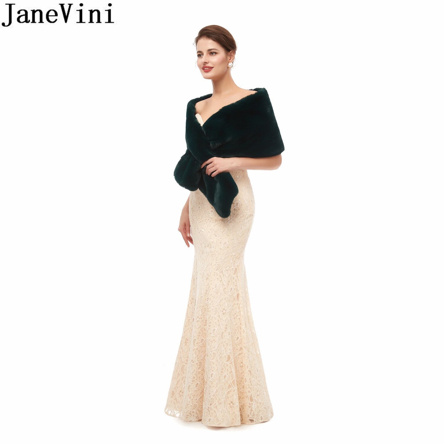 JaneVini Dark Green Winter Faux Fur Stoles 2020 Bridal Shawl Fake Fur Wraps Wedding Capes Black Blue Pink Purple Brown Bolero