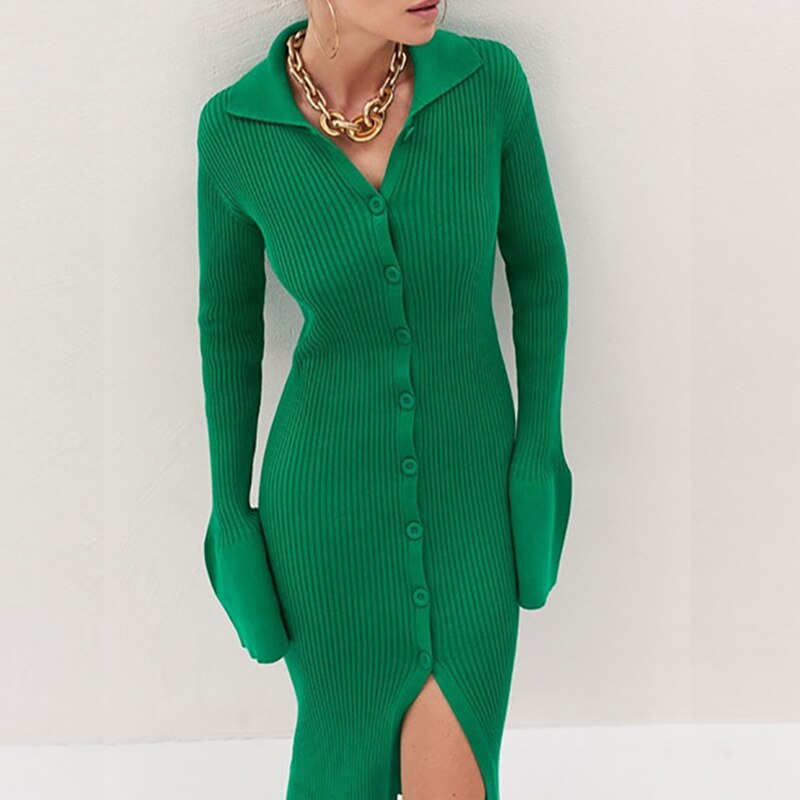 Women Autumn Winter Basic Knitted Dress Fashion Button-up Split Maxi Dresses Female Chic Turn-down Collar Solid Color Sweater