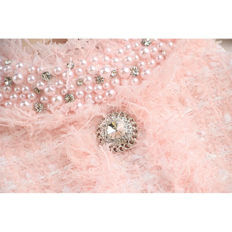 HarleyFashion Women Rhinestone Pink Tweed Backless Dress Tassel Diamonds Buttons Lady Bodycon Mini Dresses