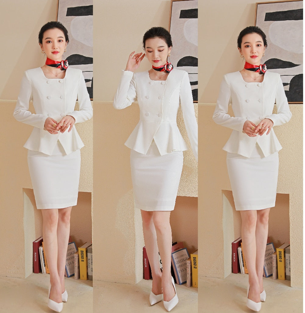 Long-sleeved Knee Length Midi Skirt Suit Jacket Office Lady Suit Set Asymmetrical Slimming Jacket Business Suit For Women Skirt
