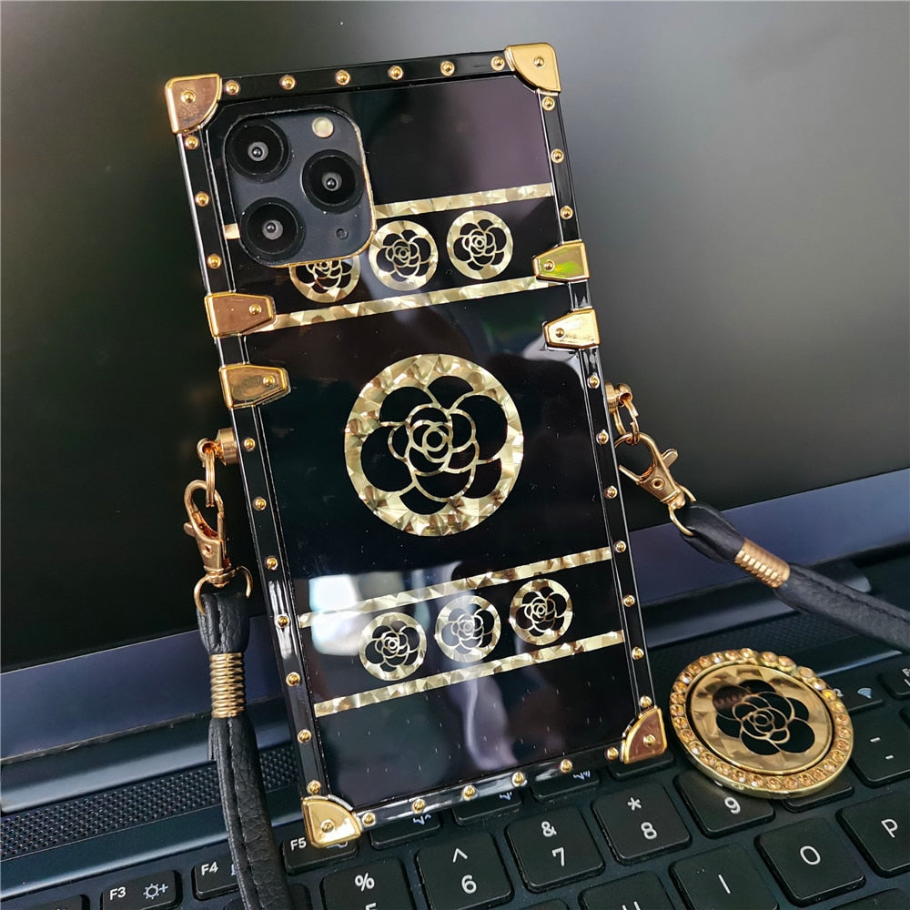 Luxury Glitter flower Case for iPhone 13 Pro Max Lanyard Belt Square Cover for iPhone 11 12 PRO 14 PRO MAX 7 8 14 Plus X XS XR