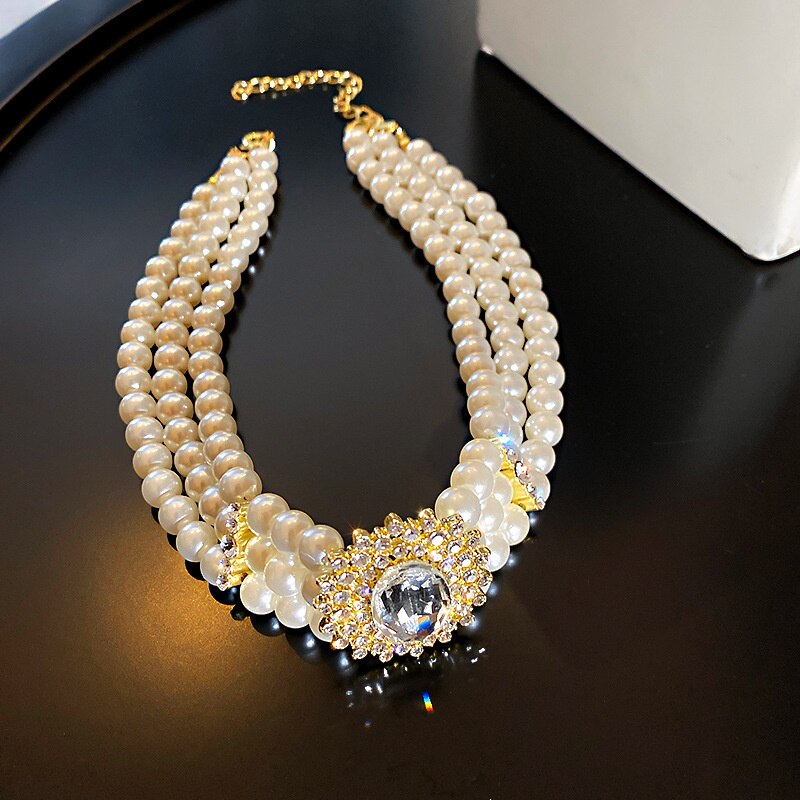 FYUAN Vintage Palace Multilayer Pearl Choker Necklaces for Women Oval Geometric Crystal Necklaces Weddings Bride Jewelry