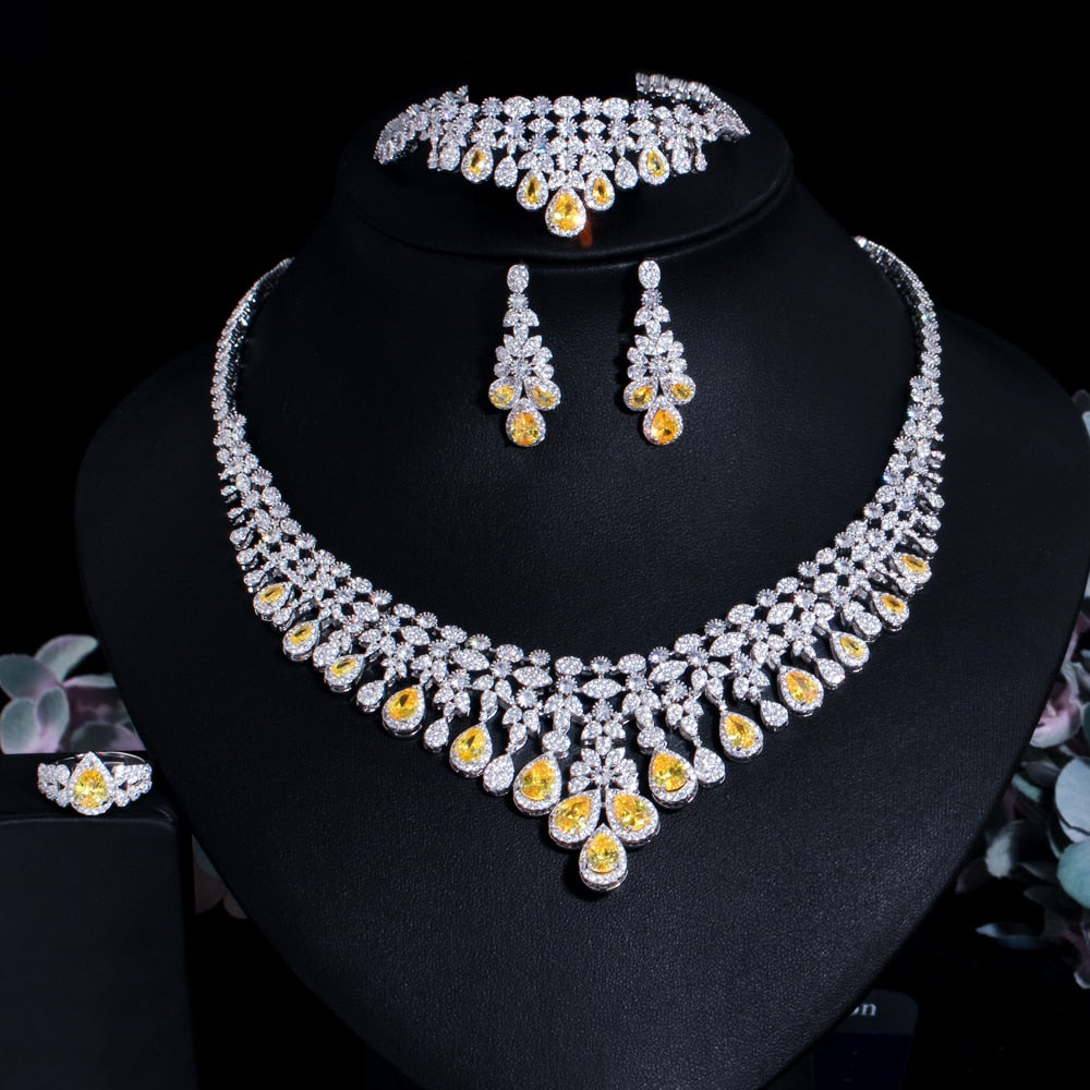 CWWZircons 4pcs Yellow Cubic Zirconia Fringe Dangle Drop Large Necklace Luxurious Wedding Bridal Jewelry Set Accessories T608