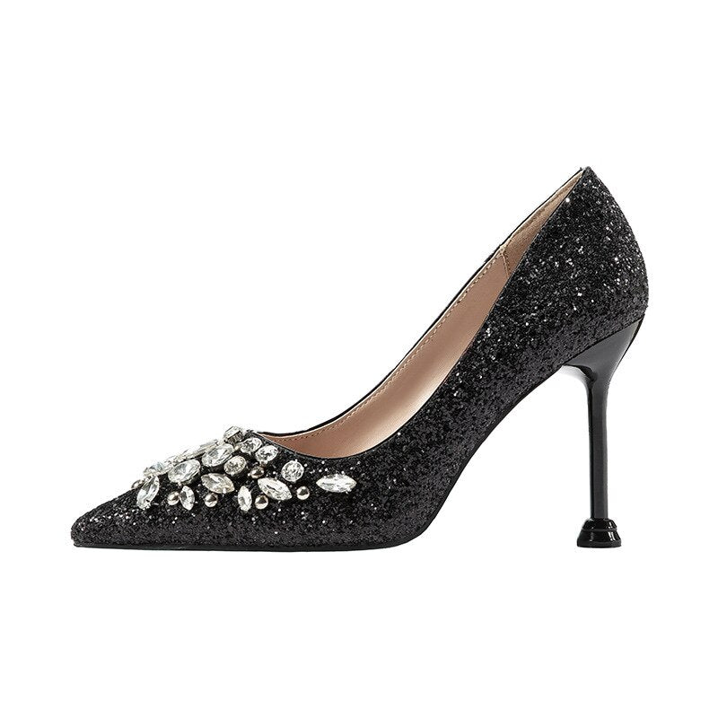 comemore 2021 New Rhinestone Women Pumps Sequins Women&#39;s Gold Silver Wedding Shoes Female Slip-on Pointed Toe Thin High Heels 40