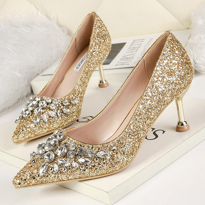 comemore 2021 New Rhinestone Women Pumps Sequins Women&#39;s Gold Silver Wedding Shoes Female Slip-on Pointed Toe Thin High Heels 40