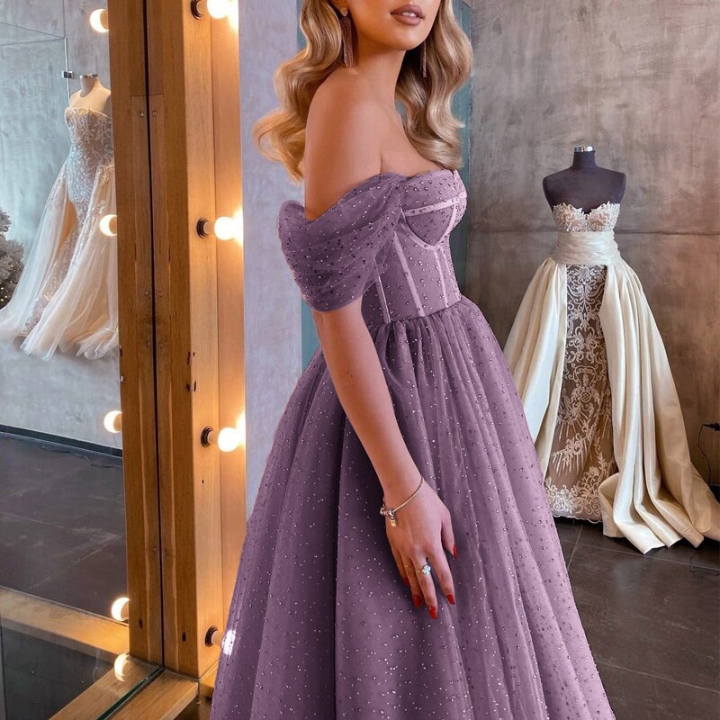 Women Retro Dress Fashion New Short Sleeve Solid Mid Length Dress Sexy Off Shoulder Purple Party Dress