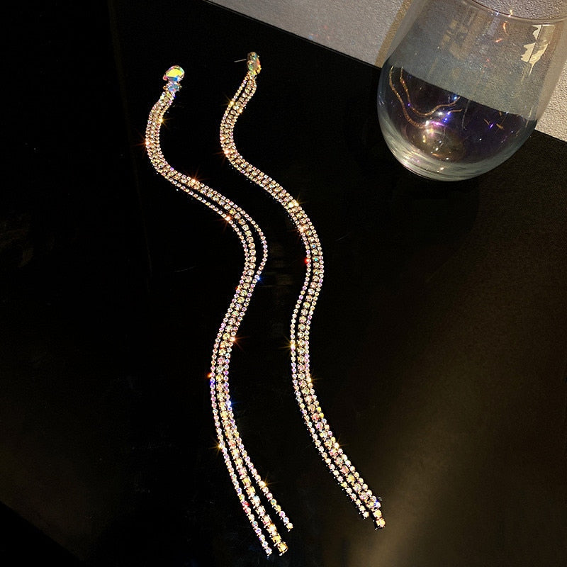 FYUAN Geometric Colorful Rhinestone Earrings for Women Oversize Long Tassel Crystal Dangle Earrings Statement Jewelry