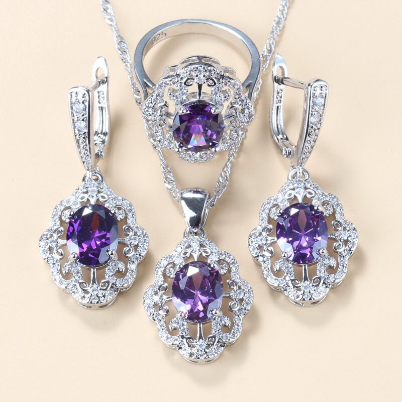 2022 New Fashion Jewelry Sets Women Accessories Romantic Natural Amethyst Dangle Earrings Bracelet And Ring 7-Color Sets