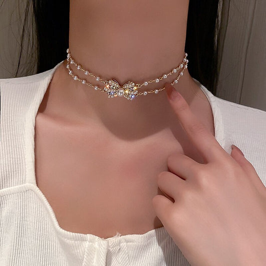FYUAN Korean Style Small Bowknot Crystal Choker Necklaces for Women Pearl Chain Rhinestone Necklaces Weddings Jewelry