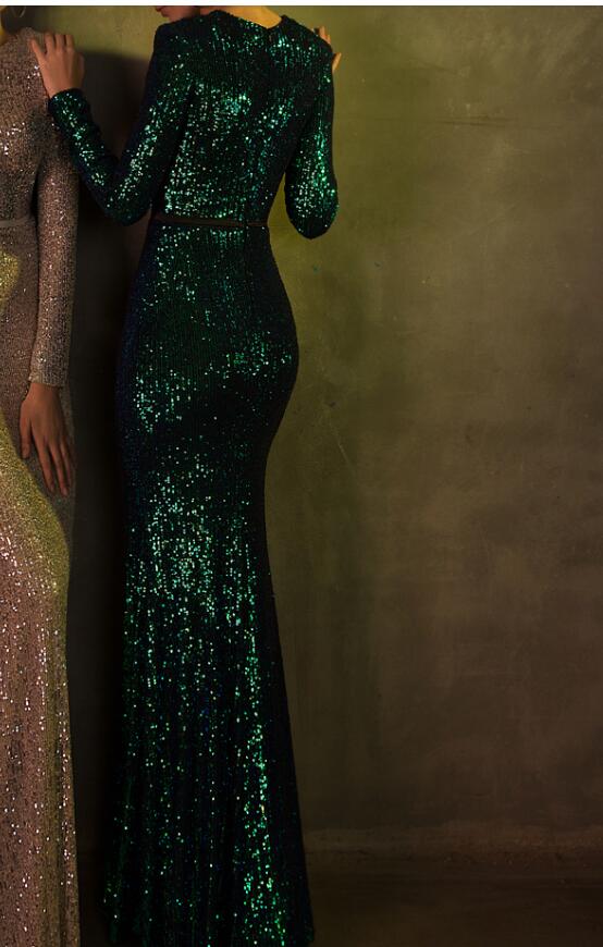 wei yin AE0453 Black Muslim O Neck Long Sleeve Glitter Sequin Bling Green Mermaid Floor Length Prom Dresses Evening Dresses