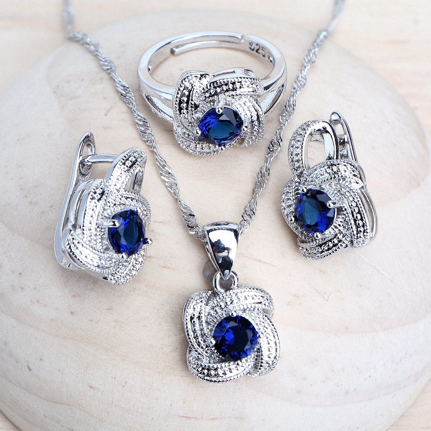 Blue Zirconia Women Jewelry Sets 925 Sterling Silver Wedding Bridal Costume Jewellery Earrings Rings Bracelets Pendant Necklace