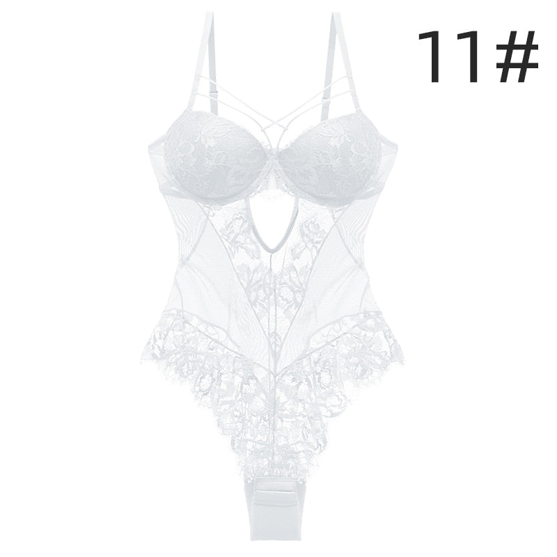 Sexy Lingerie For Women Bodysuit Lace Push Up Underwire Floral Pattern Hollow Out Back Bra and Panties Set Gift For Girlfriend