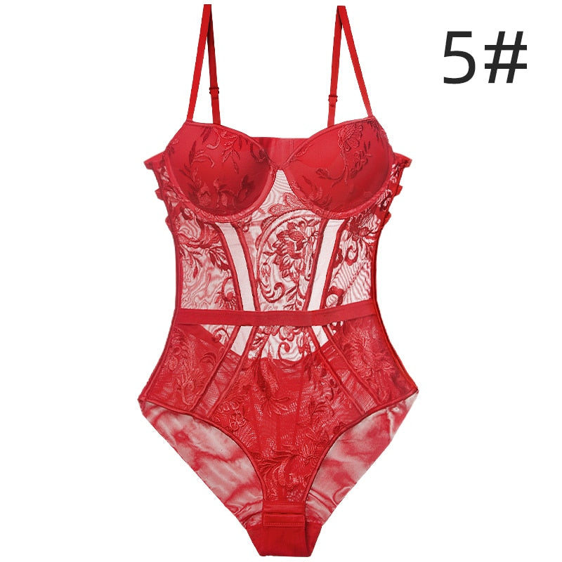 Sexy Lingerie For Women Bodysuit Lace Push Up Underwire Floral Pattern Hollow Out Back Bra and Panties Set Gift For Girlfriend