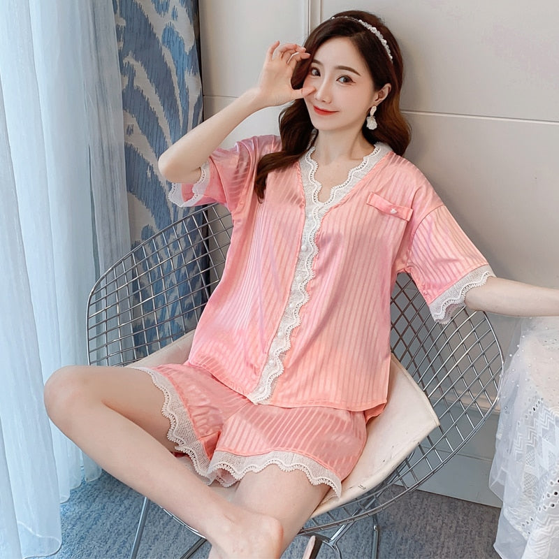 New Stain Lace Woman Pajamas Set 2Pieces Spring Summer Short Sexy Sleepwear Elegant Solid Color V-neck Ice Silk Homewear Set