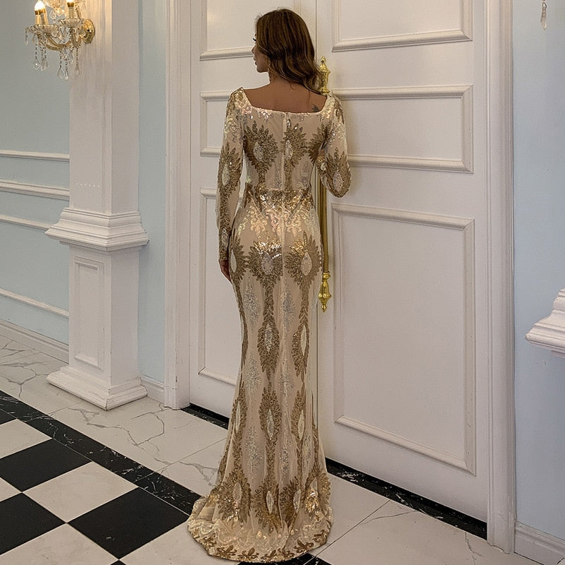 Golden party dress skirt female 2021 new banquet temperament fashion long model host one-shoulder sequin dress