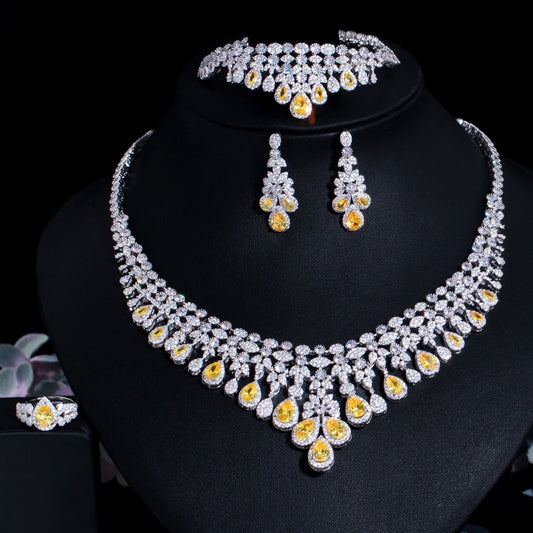 CWWZircons 4pcs Yellow Cubic Zirconia Fringe Dangle Drop Large Necklace Luxurious Wedding Bridal Jewelry Set Accessories T608
