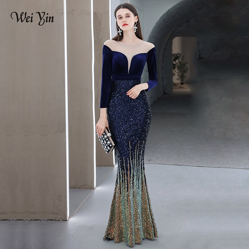 Weiyin AE0581 Robe De Soiree New Sexy 3/4 Sleeve Prom Dress Mermaid Burgundy Sequined Long Evening Dresses Elegant Abendkleider