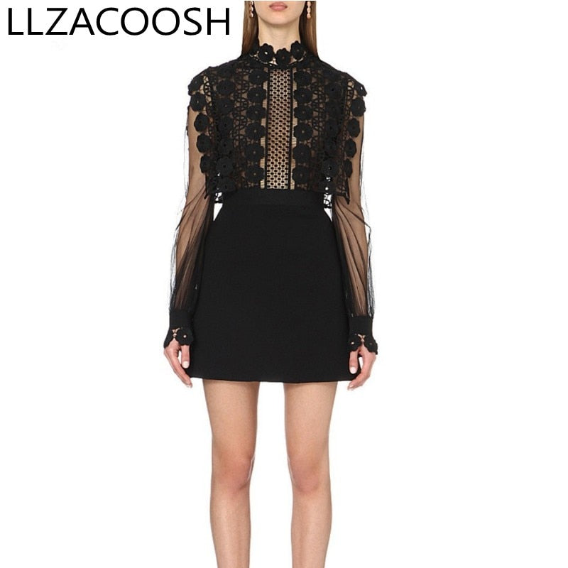 Self Portrait 2019 Runway Summer Women Lace Hollow Out Patchwork Long Sleeve Sexy Ladies black Party Mini Dress