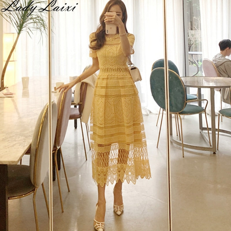 Summer Korean Yellow Dress Women Short Sleeve Hollow Out Hook flower Solid Lace Dress Women Elegant Long Dress