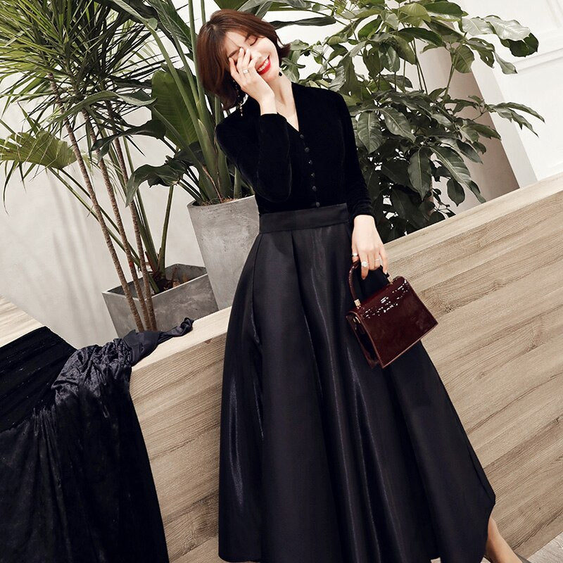 wei yin Black Velvet Evening Dresses 2022 New Sexy Long V-neck Long Sleeve Vintage Cheap Formal Dresses for Women WY1547