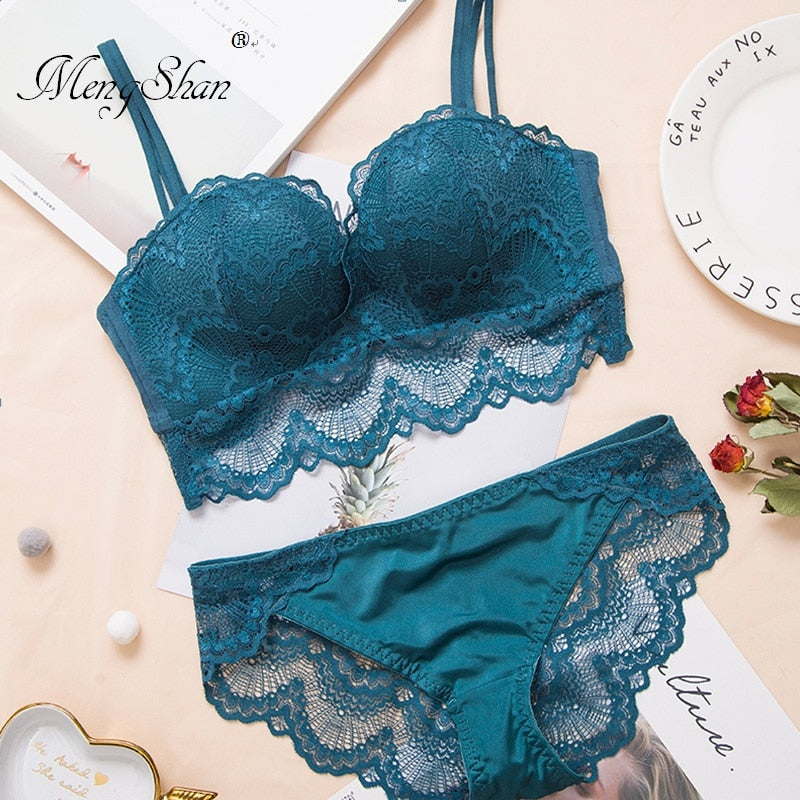 Comfortable Gathering Sexy Underwear Suit push up bra Ring-free lace edge massage palm cup bra+set lingerie femme 75C 80C 85C