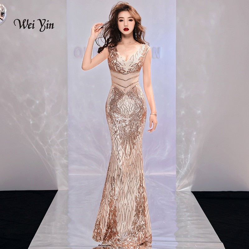 wei yin 2021 New Double-V Long Evening Dress Robe De Soiree Sexy Backless Luxury Green Black Sequin Formal Party Dress Pom Gowns
