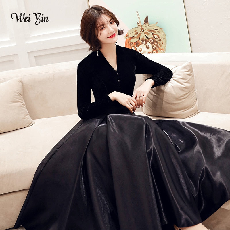 wei yin Black Velvet Evening Dresses 2022 New Sexy Long V-neck Long Sleeve Vintage Cheap Formal Dresses for Women WY1547