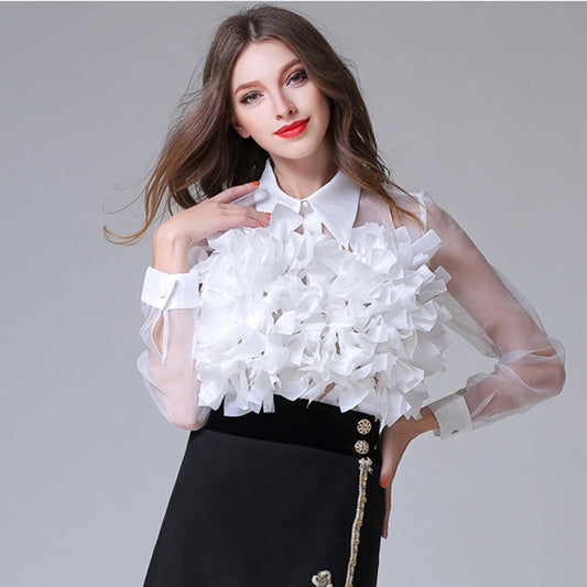 HIGH QUALITY New Fashion 2017 Designer Top Blouse Women's Long Sleeve Ruffle Flower Appliques Summer Blouse Shirt