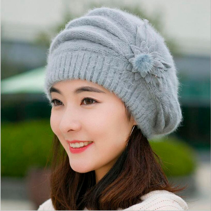 Hot Berets Hat Beanie Fashion Spring Autumn Winter Hat Warm Flower Knit Crochet Cute Casual Cap For Women&#39;s Girl Female