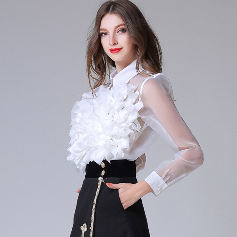 HIGH QUALITY New Fashion 2017 Designer Top Blouse Women's Long Sleeve Ruffle Flower Appliques Summer Blouse Shirt