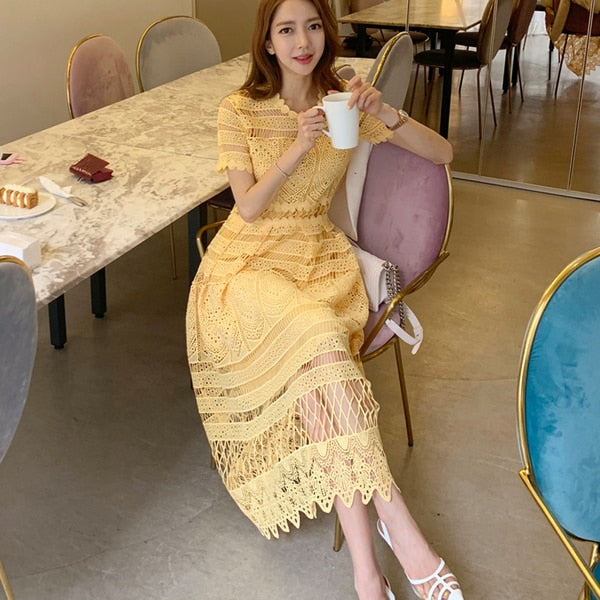 Summer Korean Yellow Dress Women Short Sleeve Hollow Out Hook flower Solid Lace Dress Women Elegant Long Dress