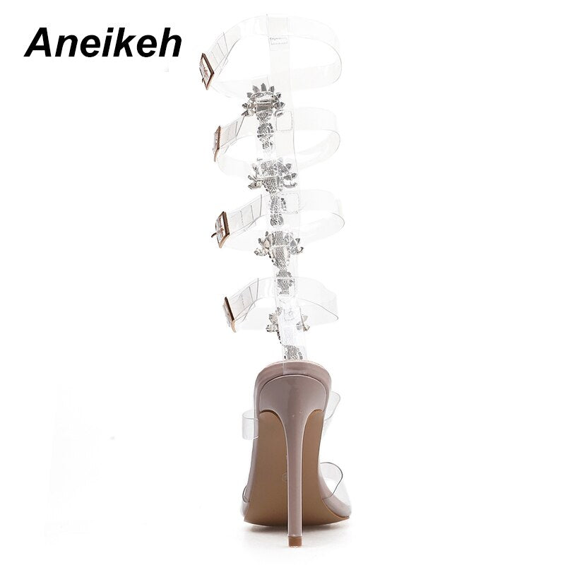 Aneikeh NEW Shoes Size 41 42 Sexy Gladiator knee High Transparent Buckle Sandals Fashion Crystal Flower High Heel Women Sandal
