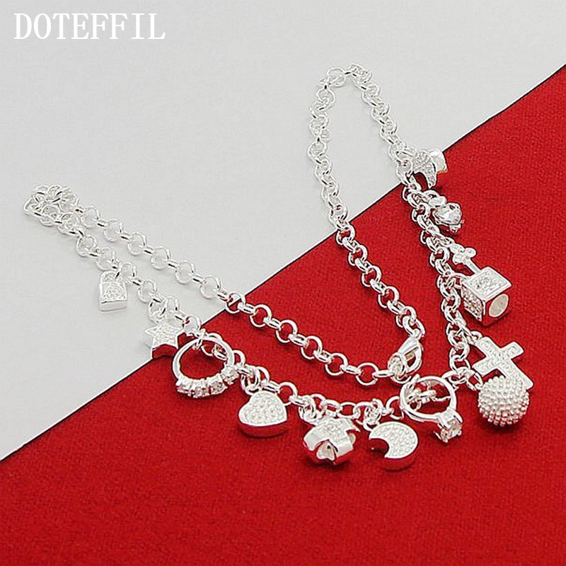 DOTEFFIL 925 Sterling Silver Cross Heart Moon Ball Multiple Pendants Chain Necklace For Woman Wedding Fashion Jewelry Charm