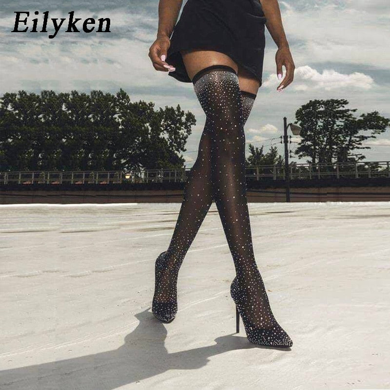 Eilyken Design Fashion Pointed Toe Bling Over Knee Boots Crystal Long Sock Women Thigh High Heel Sexy Club Sock Botas Mujer