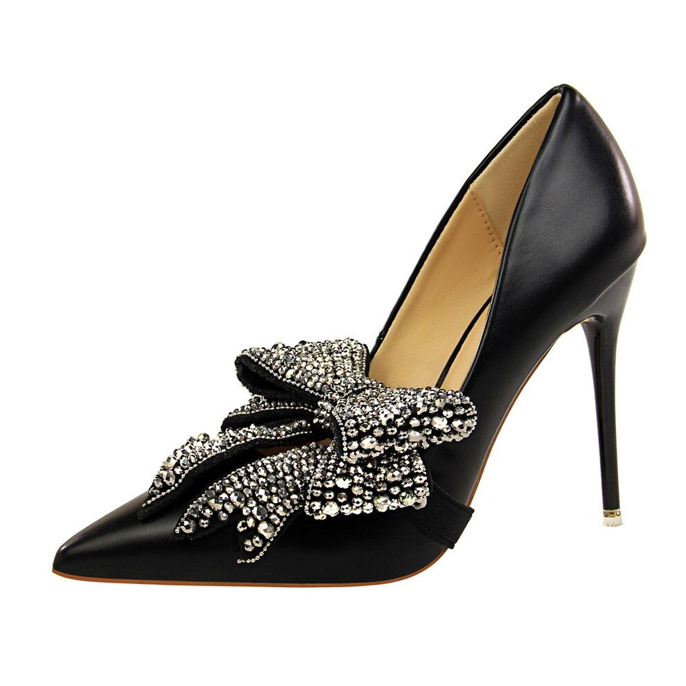 2021 New Fashion high heels women pumps 10CM thin heel elegant Word Band Rhinestone Bow tie Pointed Toe sexy prom wedding shoes