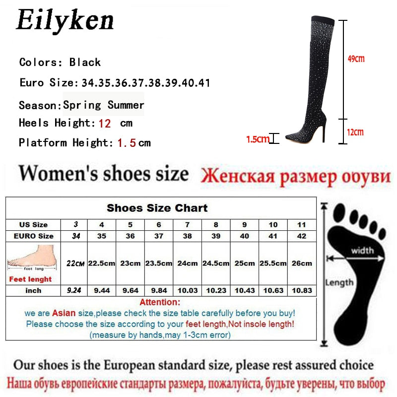 Eilyken Design Fashion Pointed Toe Bling Over Knee Boots Crystal Long Sock Women Thigh High Heel Sexy Club Sock Botas Mujer