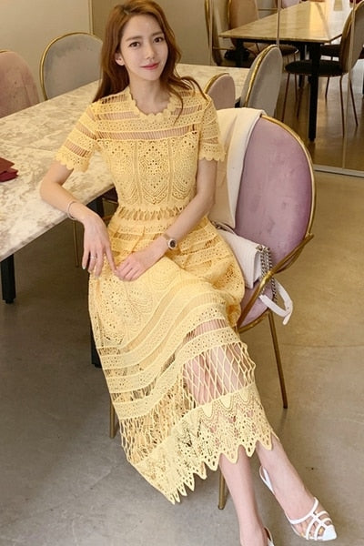 Summer Korean Yellow Dress Women Short Sleeve Hollow Out Hook flower Solid Lace Dress Women Elegant Long Dress