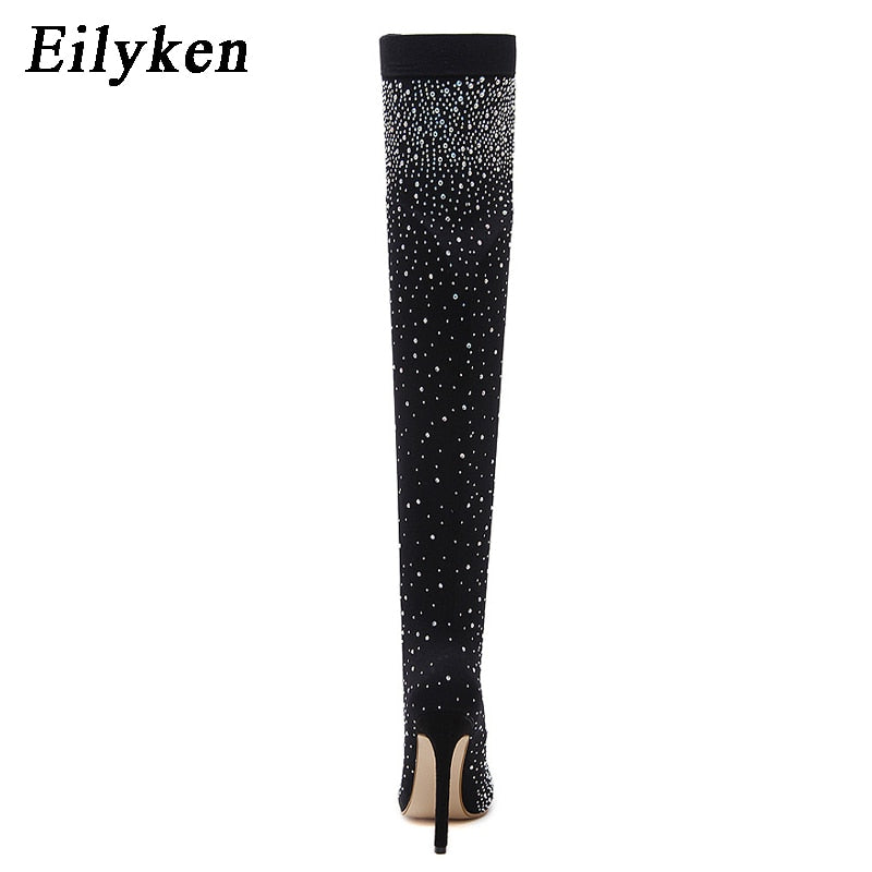 Eilyken Design Fashion Pointed Toe Bling Over Knee Boots Crystal Long Sock Women Thigh High Heel Sexy Club Sock Botas Mujer