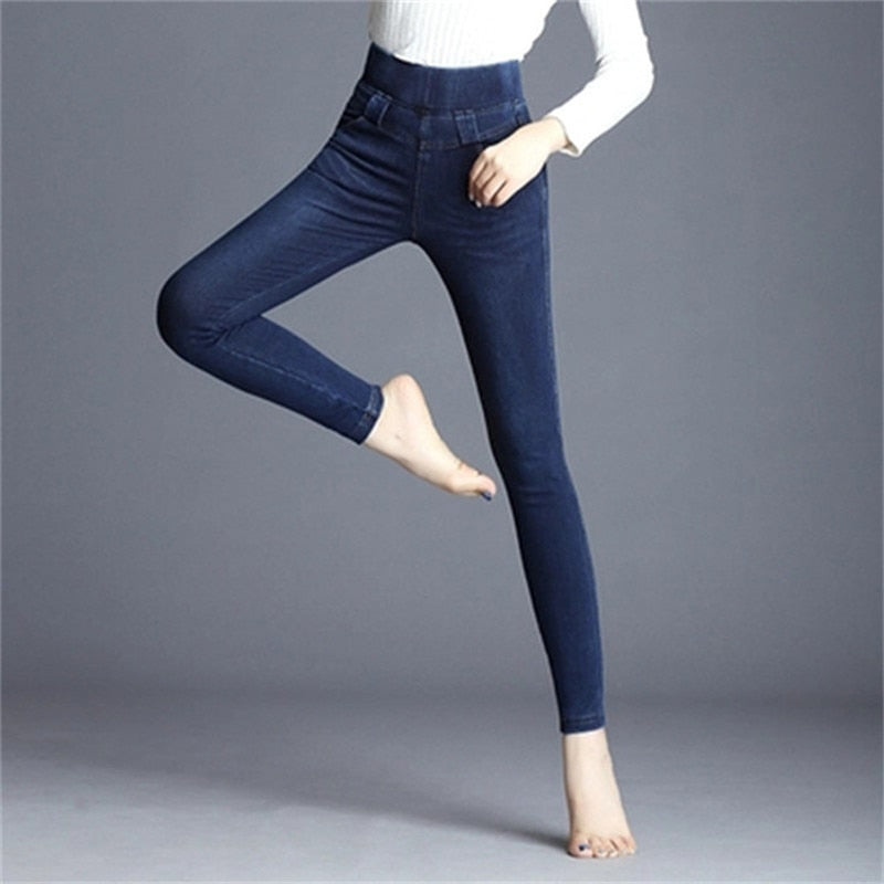 Women&#39;s Skinny High Waist Jeans 2021 Autumn New Korean Slim Casual Trousers Elastic Waist Stretch Cowboy Pencil Denim Pants R255