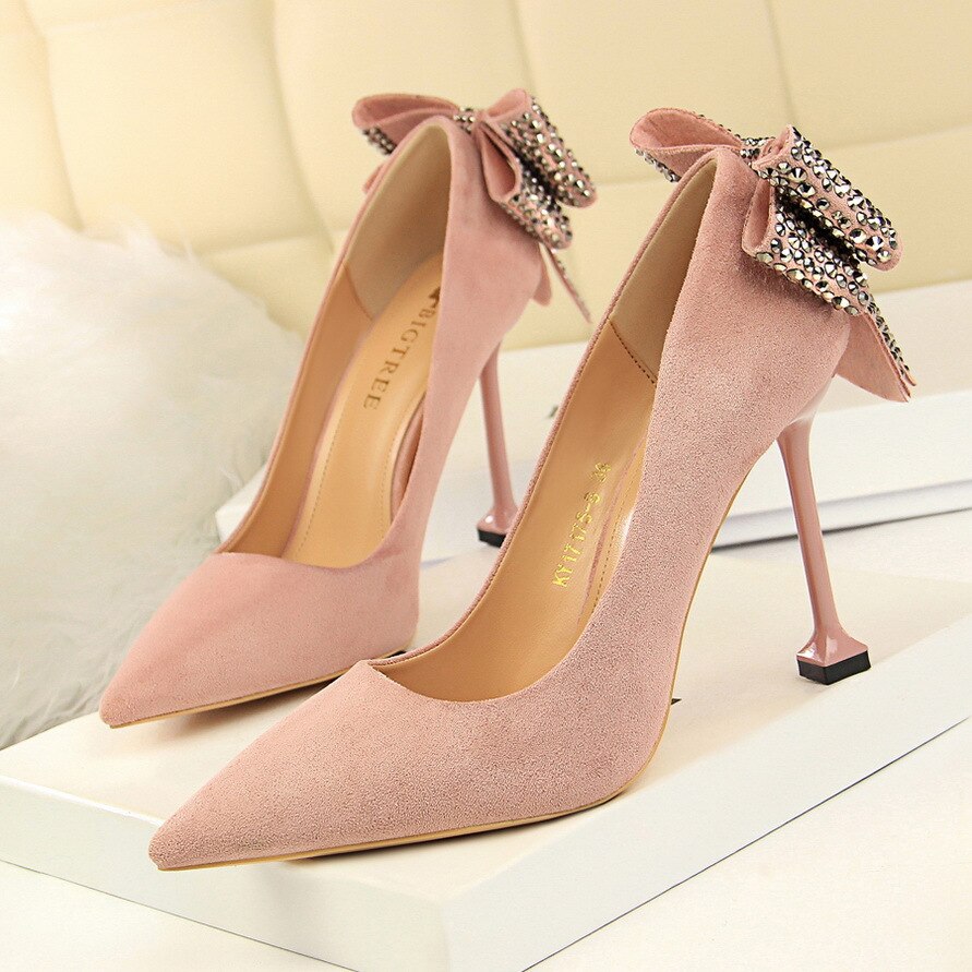 Autumn Women Shoes Pointed Toe Pumps 9.5CM Thin Heels Wedding Dress Shoes Flock Rear Rhinestone Bow tie High Heels Boat Shoes