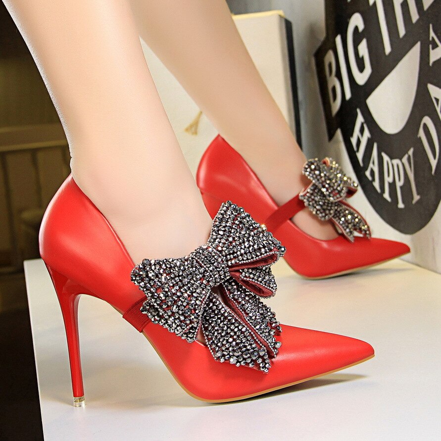 2021 New Fashion high heels women pumps 10CM thin heel elegant Word Band Rhinestone Bow tie Pointed Toe sexy prom wedding shoes